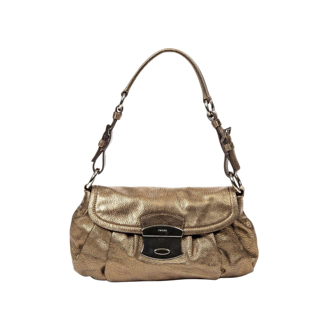PRADA GOLD METALLIC PLEATED PUSHLOCK FLAP HOBO BAG