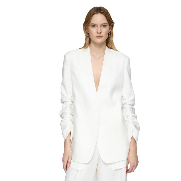 V-Neck Ruched Sleeve Blazer - White