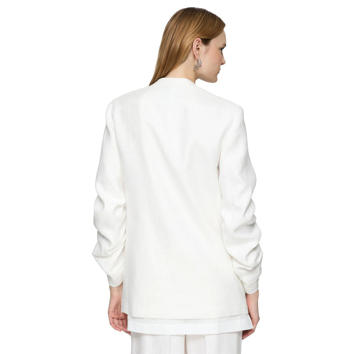 V-Neck Ruched Sleeve Blazer - White