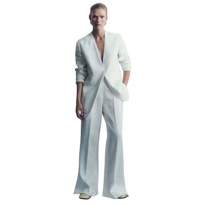 V-Neck Ruched Sleeve Blazer - White