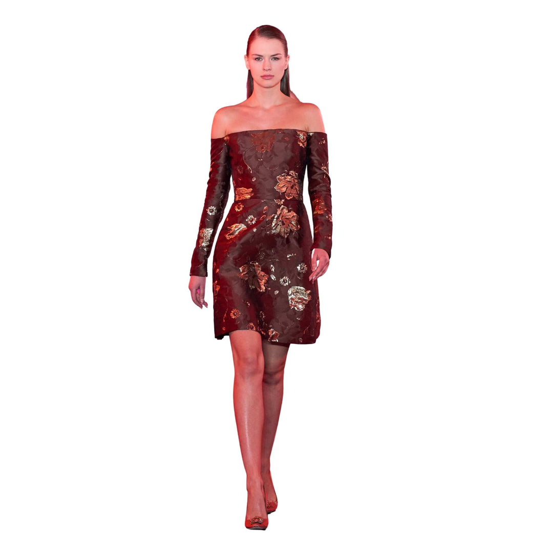 Metallic Floral Off The Shoulder Cocktail Dress