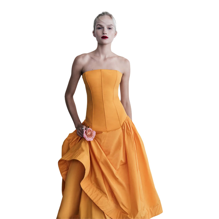 Strapless Seam Detail Full Skirt Dress - Tangerine