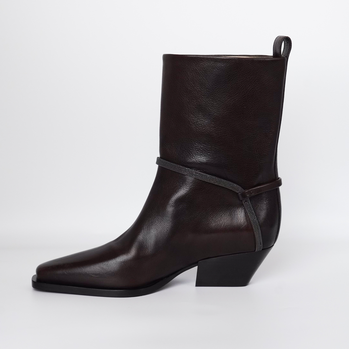Leather City Block Heel Boots with Monili Harness Detail