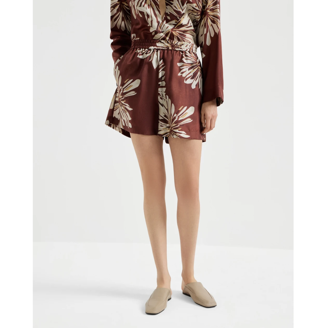 Abstract Dahlias Print Pongee Elastic Waist Short