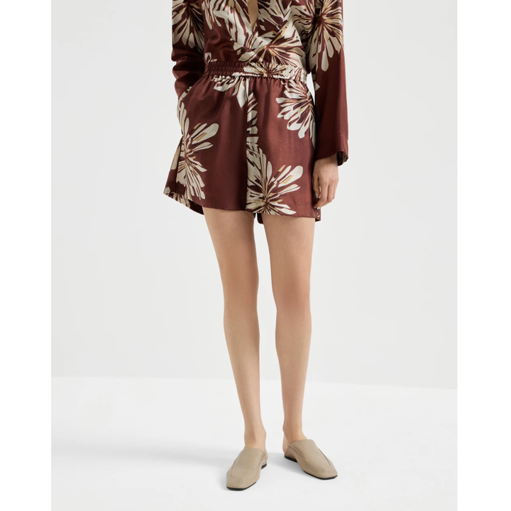 Abstract Dahlias Print Pongee Elastic Waist Short