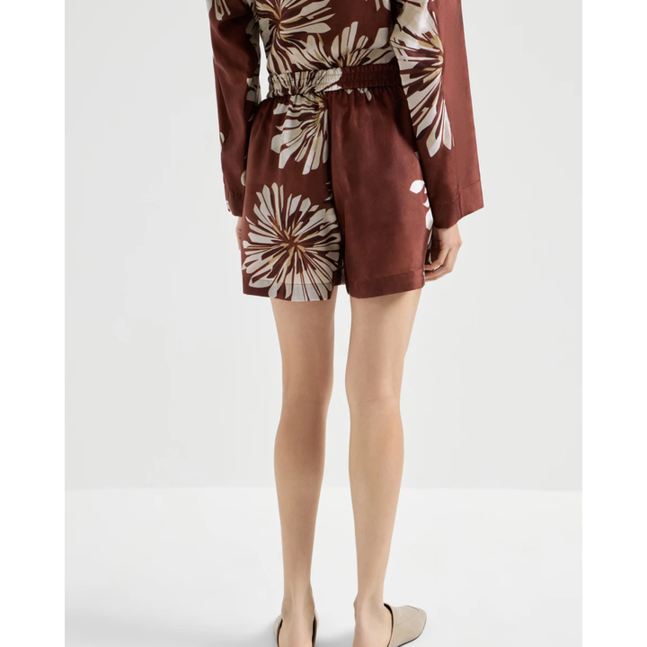 Abstract Dahlias Print Pongee Elastic Waist Short