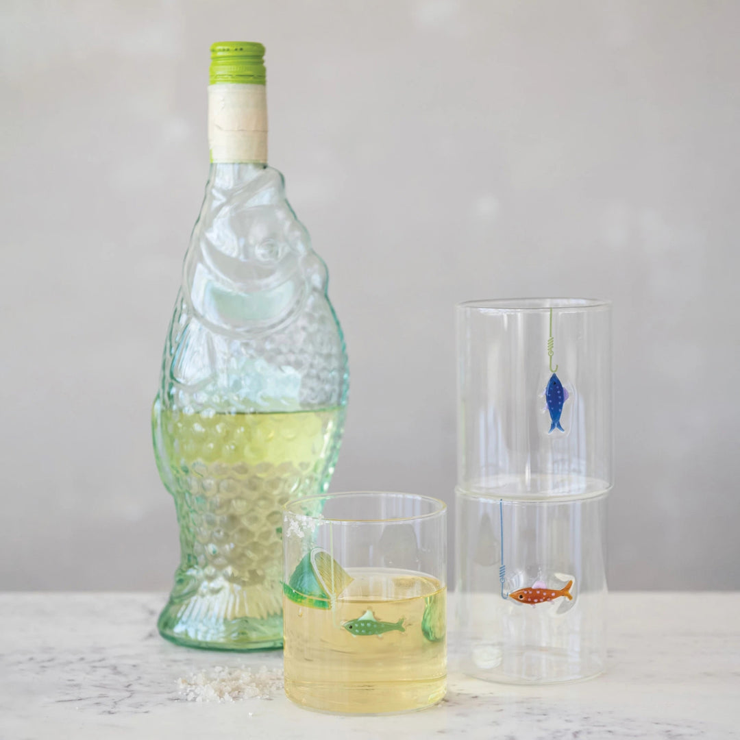 12 oz. Hand-Blown Drinking Glass with Fish On Hook