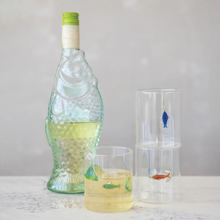 12 oz. Hand-Blown Drinking Glass with Fish On Hook