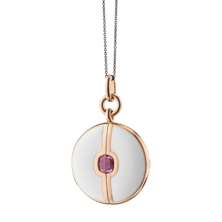 White Enamel Locket with Pink Sapphire on 17" Black Steel Chain
