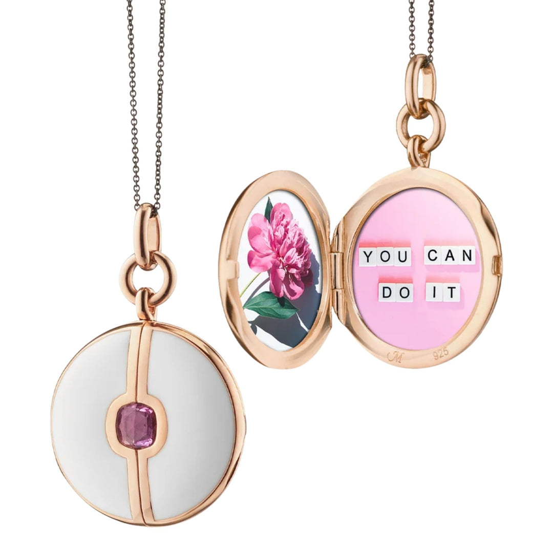 White Enamel Locket with Pink Sapphire on 17" Black Steel Chain