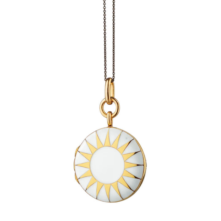White Enamel and Vermeil Sun Locket on 17" Black Steel Chain