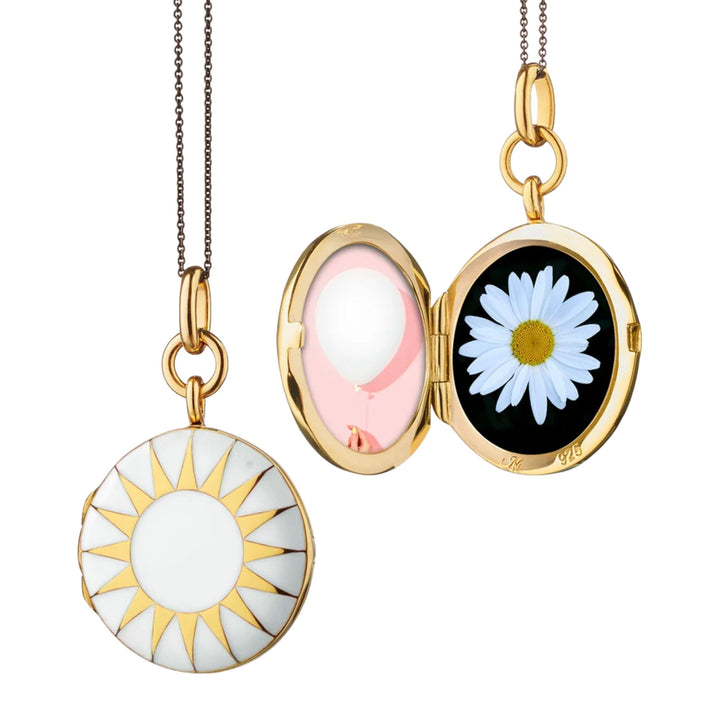 White Enamel and Vermeil Sun Locket on 17" Black Steel Chain