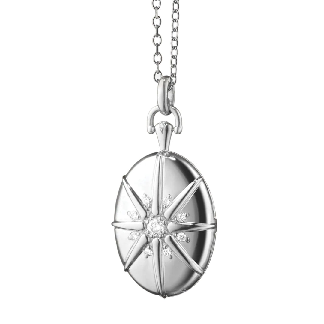 Four Image Midi Sterling Silver Starburst Locket on 32" Oval Link Chain