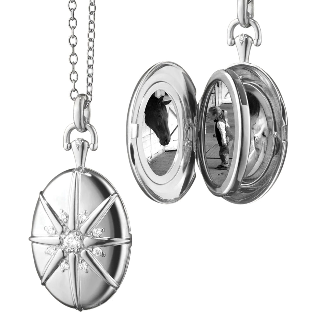 Four Image Midi Sterling Silver Starburst Locket on 32" Oval Link Chain