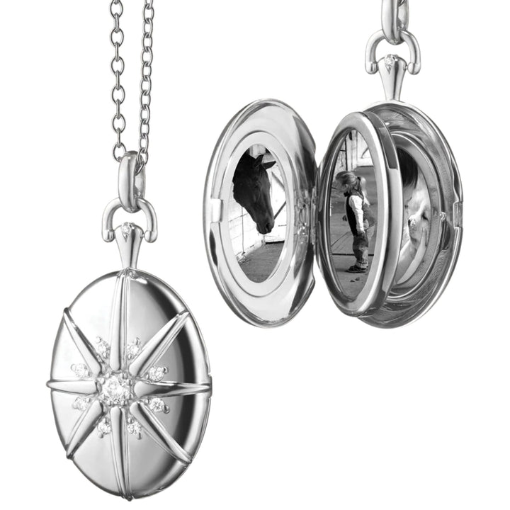 Four Image Midi Sterling Silver Starburst Locket on 32" Oval Link Chain