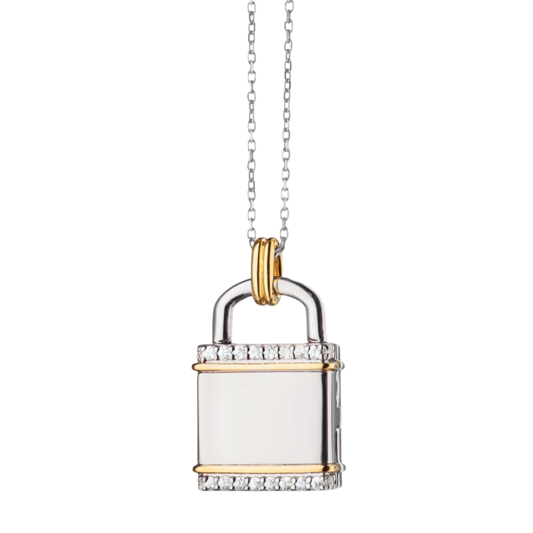 Two-Tone Square Lock Locket with White Sapphires on 17" Diamond Cut Chain