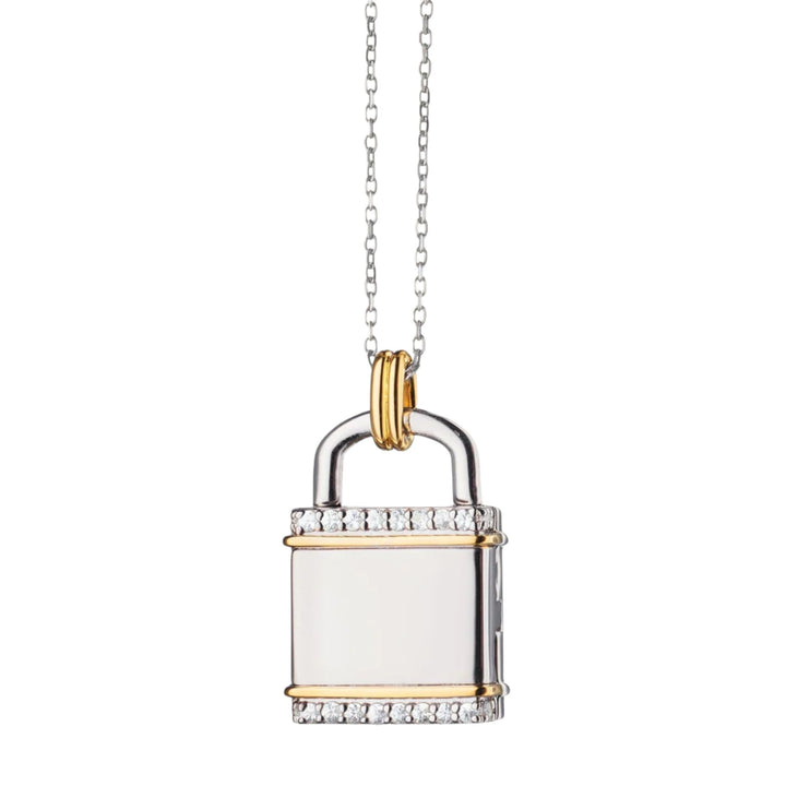 Two-Tone Square Lock Locket with White Sapphires on 17" Diamond Cut Chain