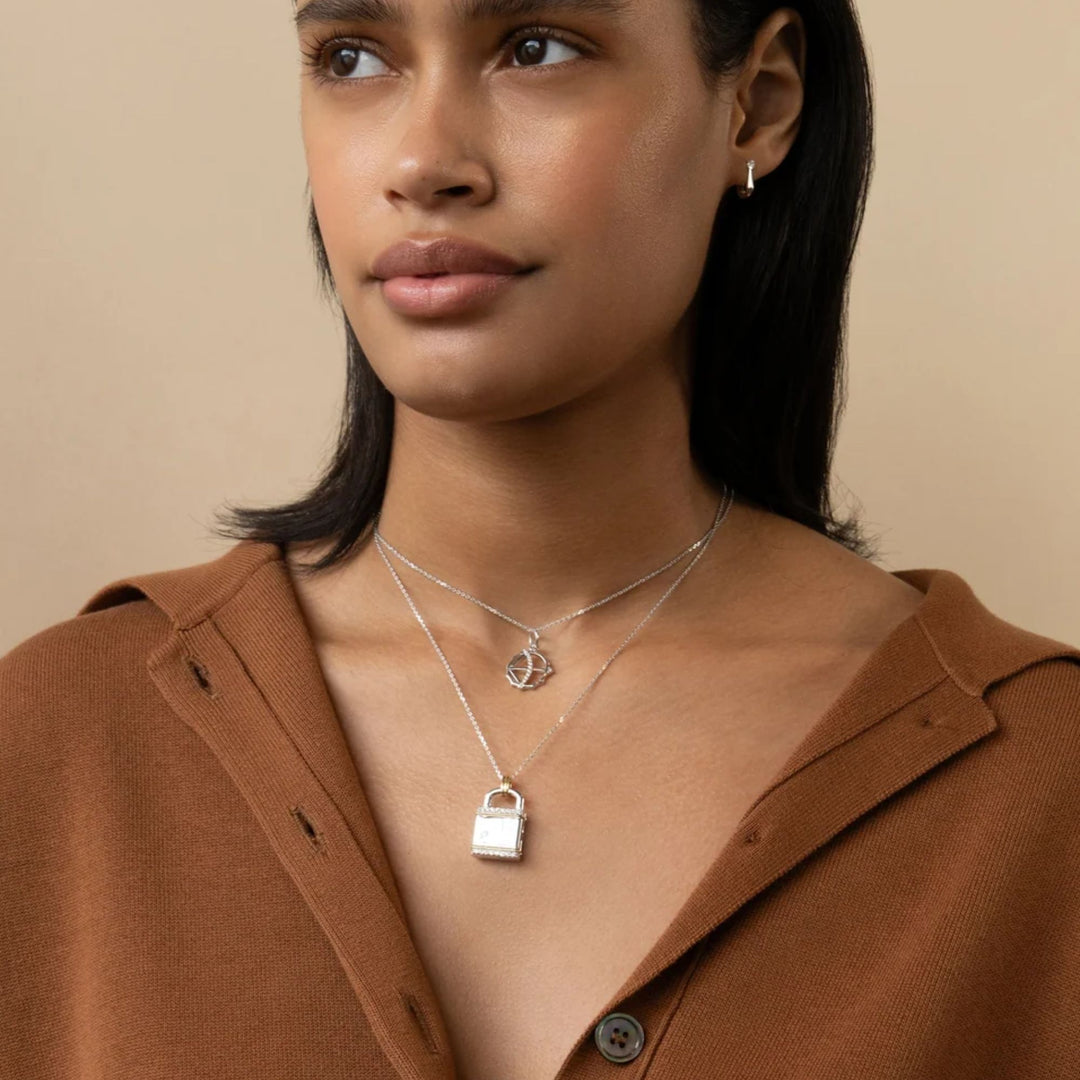 Two-Tone Square Lock Locket with White Sapphires on 17" Diamond Cut Chain