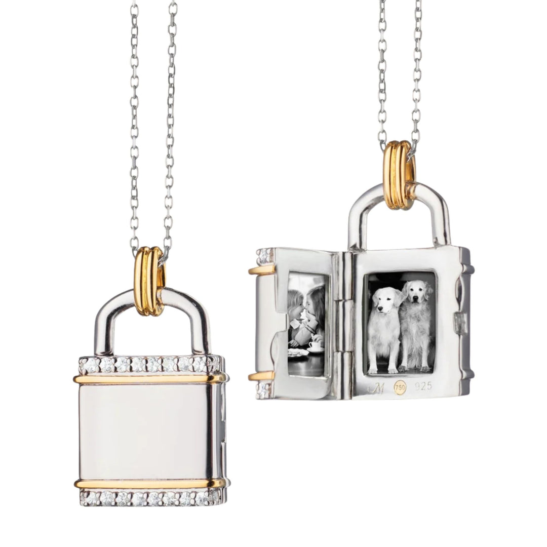 Two-Tone Square Lock Locket with White Sapphires on 17" Diamond Cut Chain