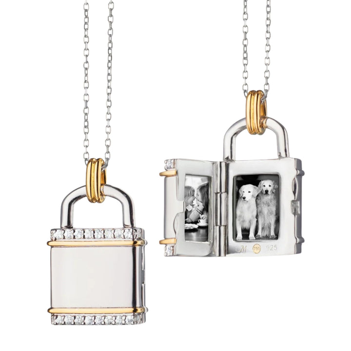 Two-Tone Square Lock Locket with White Sapphires on 17" Diamond Cut Chain