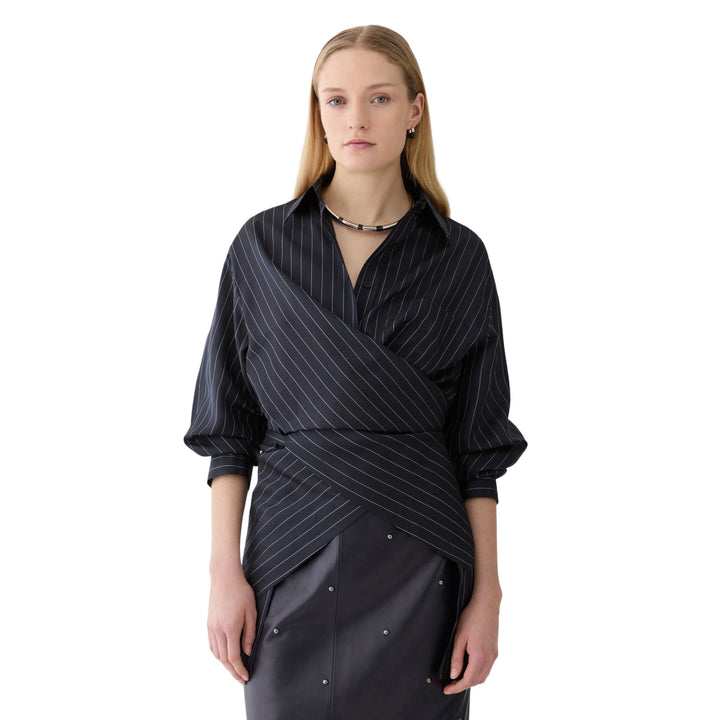 Pinstripe Silk Convertible Wrap Blouse
