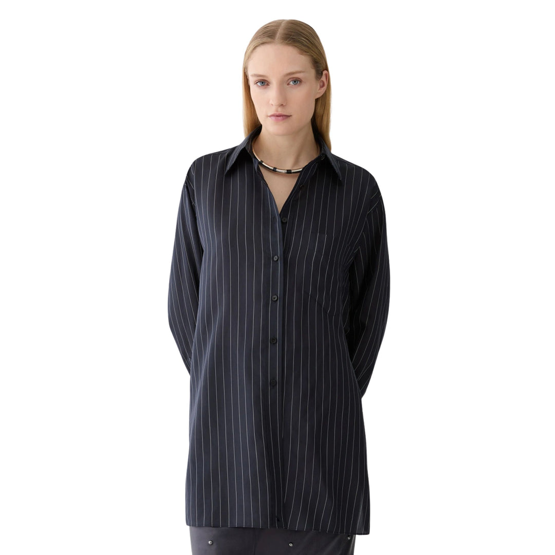 Pinstripe Silk Convertible Wrap Blouse