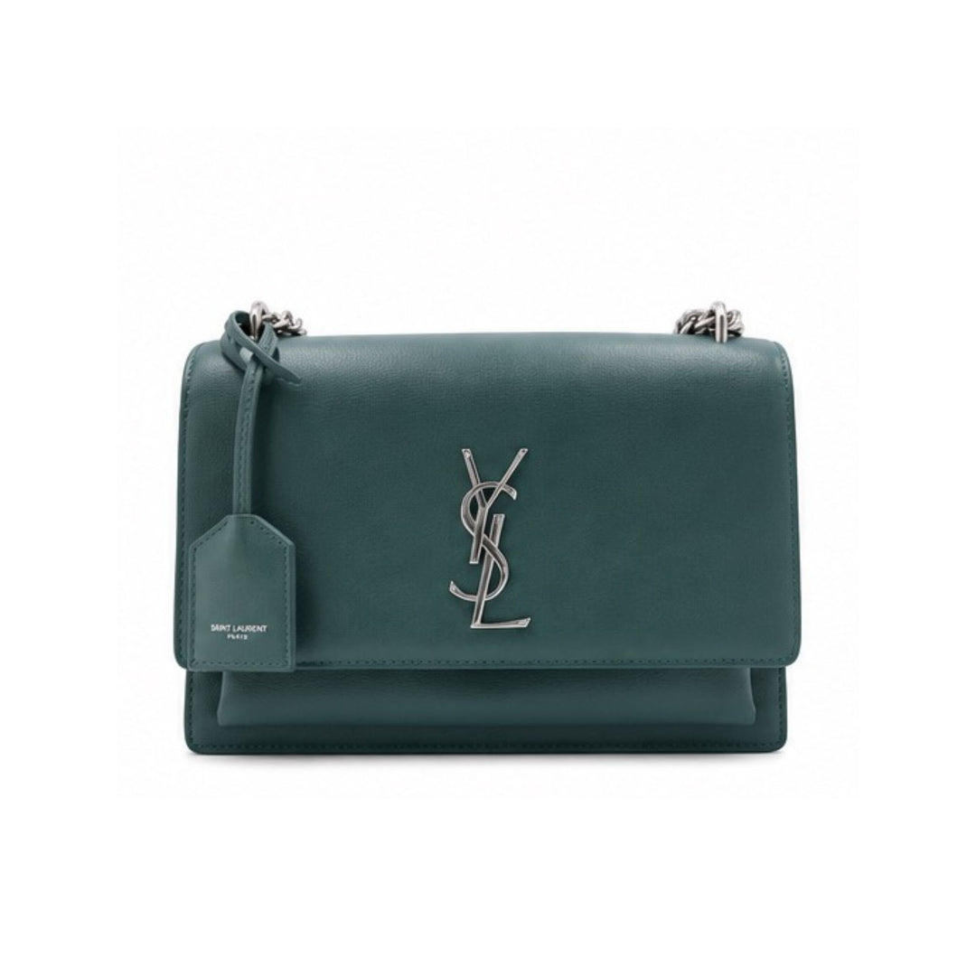 YSL Medium Sunset Bag in Green Calfskin