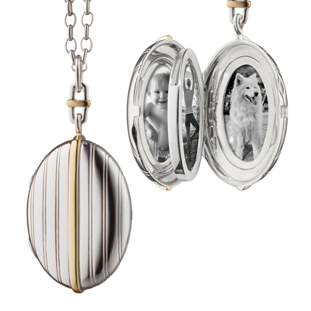 Two-Tone Four Image Pinstripe Locket in 32" Belcher Chain