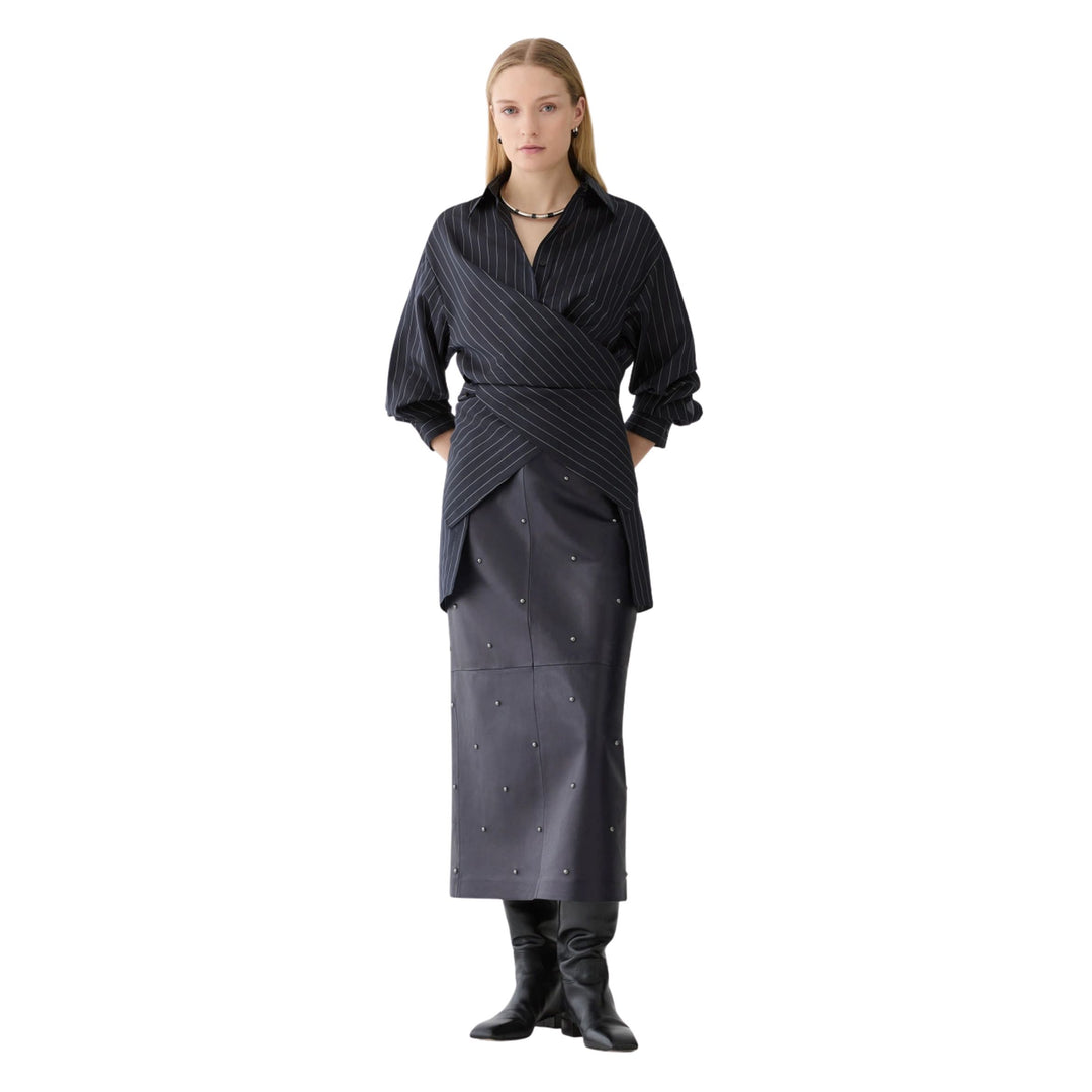Pinstripe Silk Convertible Wrap Blouse