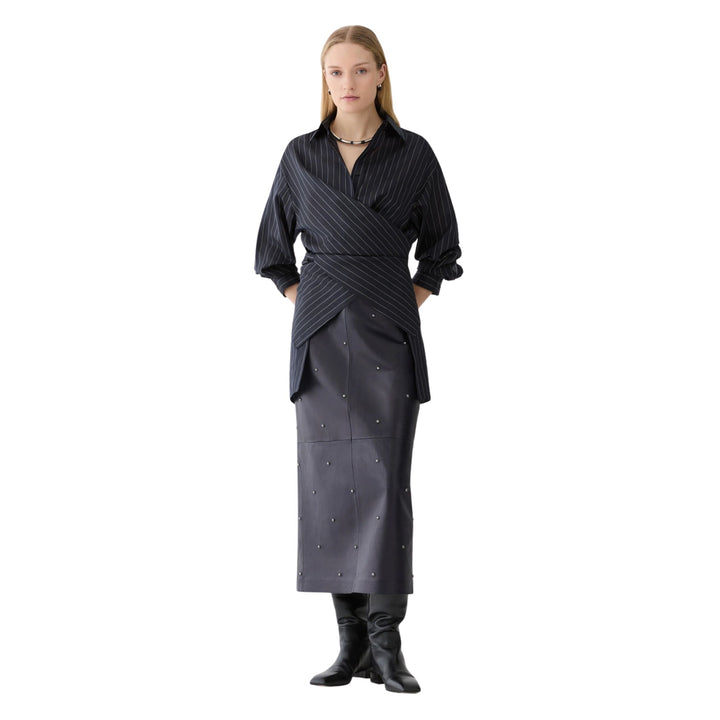 Pinstripe Silk Convertible Wrap Blouse