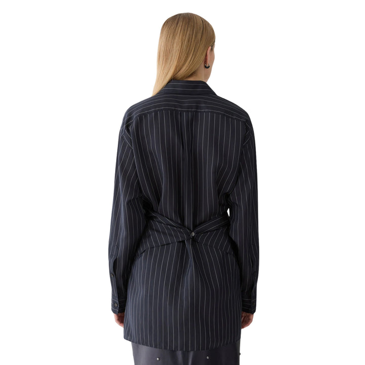 Pinstripe Silk Convertible Wrap Blouse