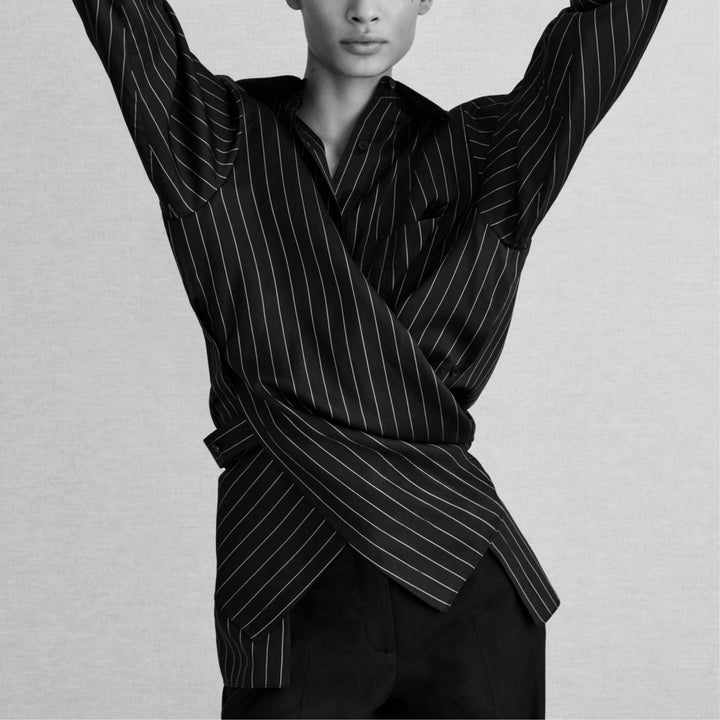 Pinstripe Silk Convertible Wrap Blouse