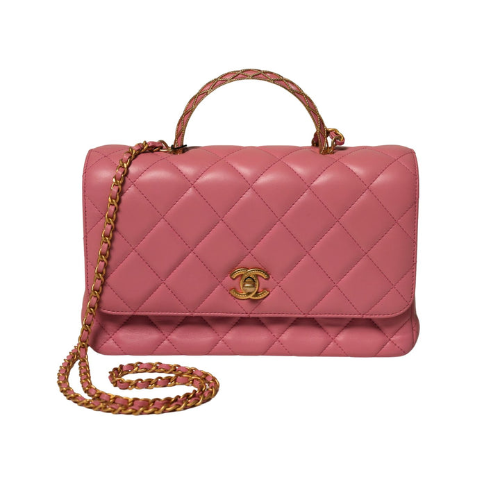 Chanel Pink Lambskin Top Handle Rectangular Flap Small