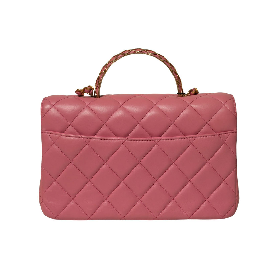 Chanel Pink Lambskin Top Handle Rectangular Flap Small