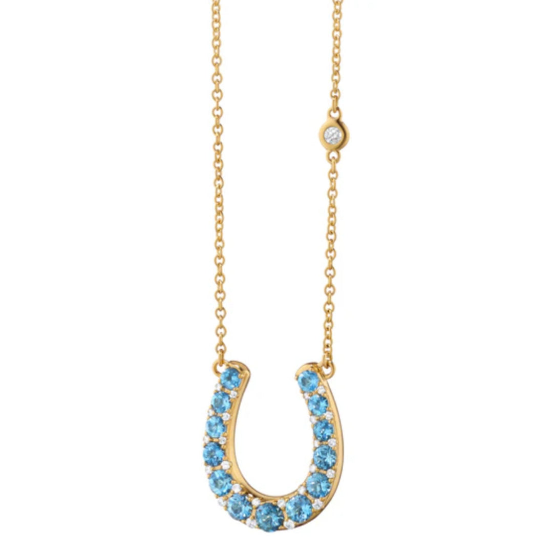 Aquamarine and Diamond Horseshoe YG Charm Necklace