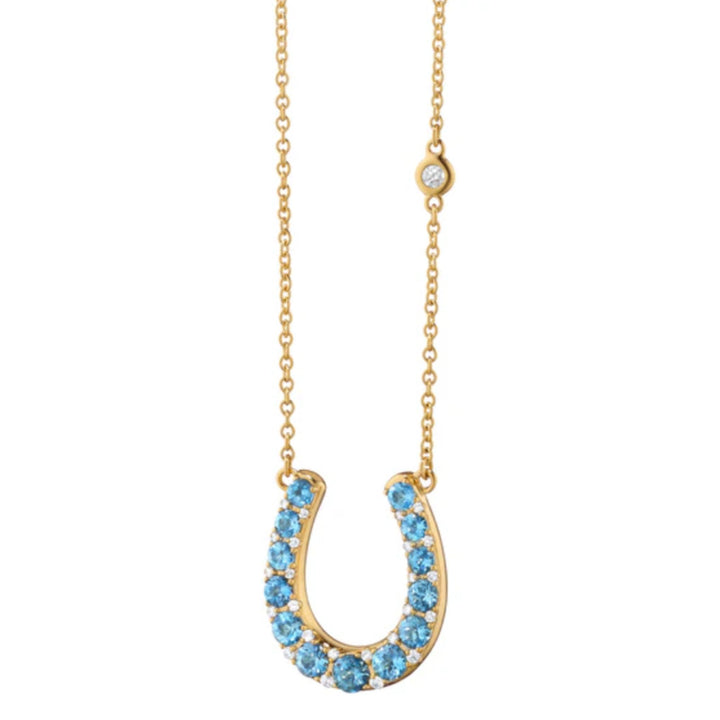 Aquamarine and Diamond Horseshoe YG Charm Necklace