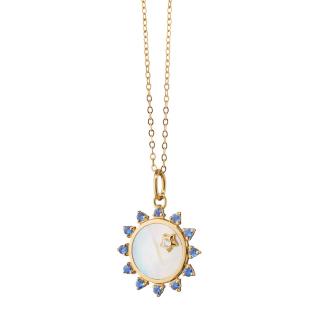 MOP Sun Charm with Diamond and Blue Sapphires on 17" Chain