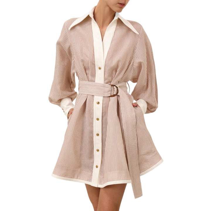 Hypnotic Tuck Mini Dress in Tan Stripe