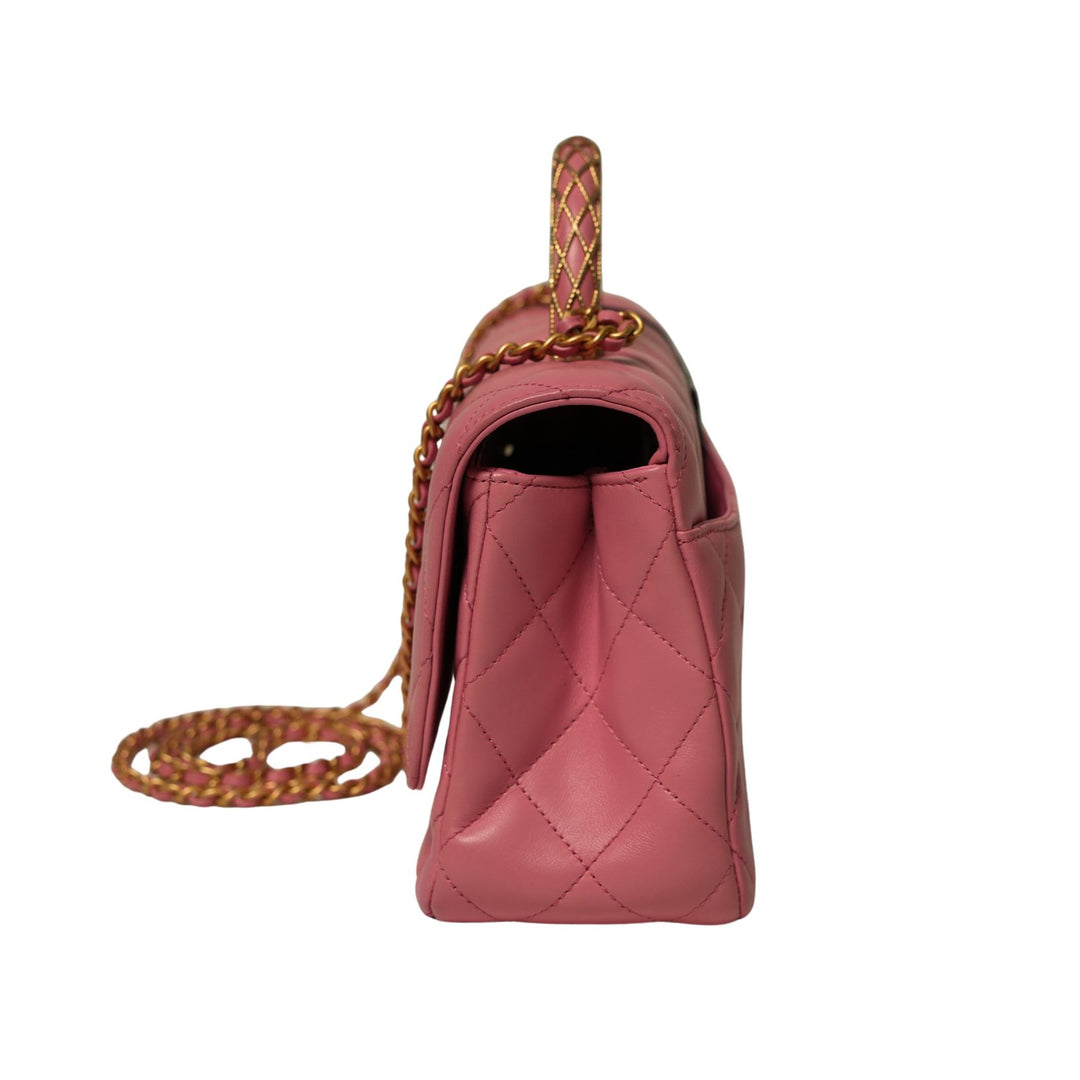 Chanel Pink Lambskin Top Handle Rectangular Flap Small