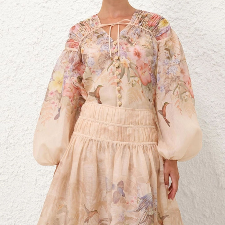 Illuminate Drawn Blouse - Ivory Tropical