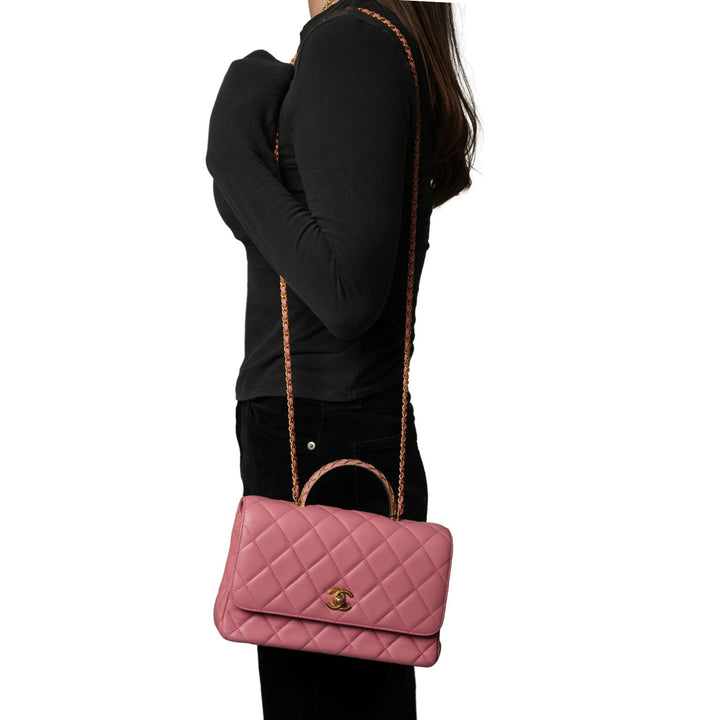 Chanel Pink Lambskin Top Handle Rectangular Flap Small