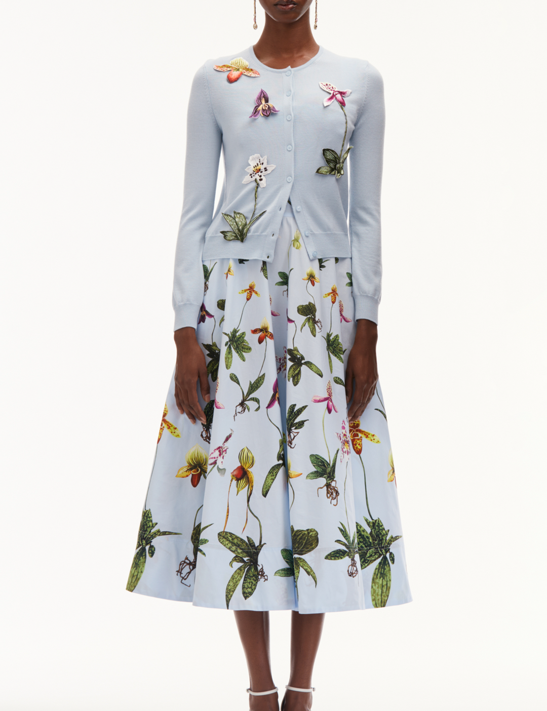 Long Sleeve Orchid Threadwork Embroided Cardigan - Light Blue