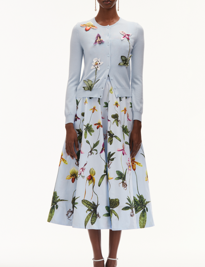 Long Sleeve Orchid Threadwork Embroided Cardigan - Light Blue