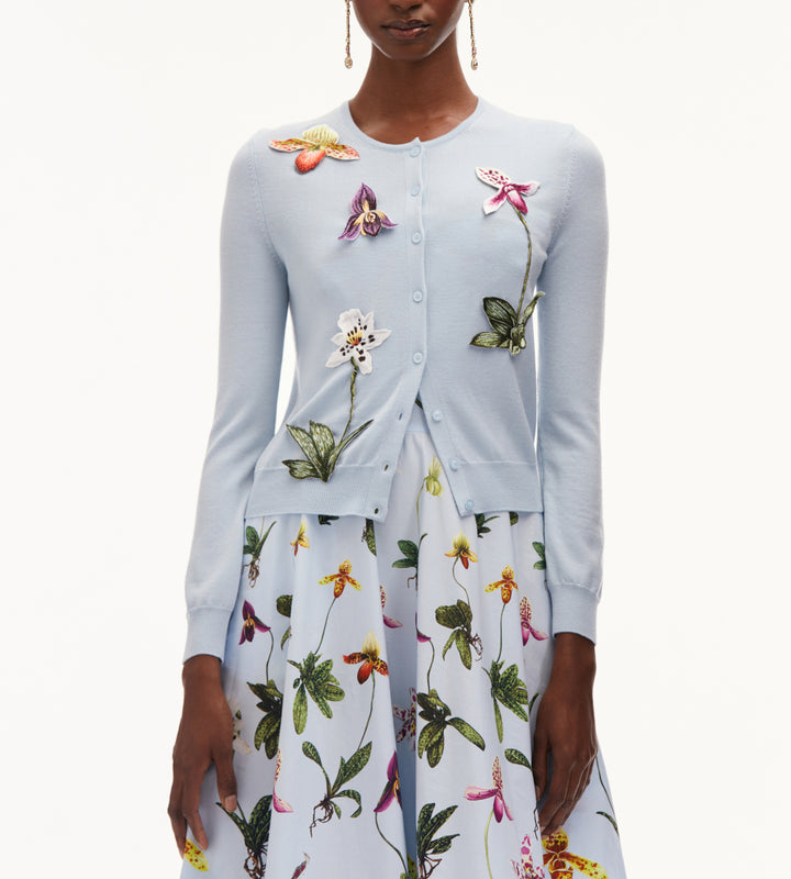 Long Sleeve Orchid Threadwork Embroided Cardigan - Light Blue