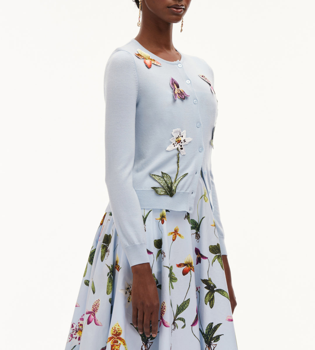 Long Sleeve Orchid Threadwork Embroided Cardigan - Light Blue