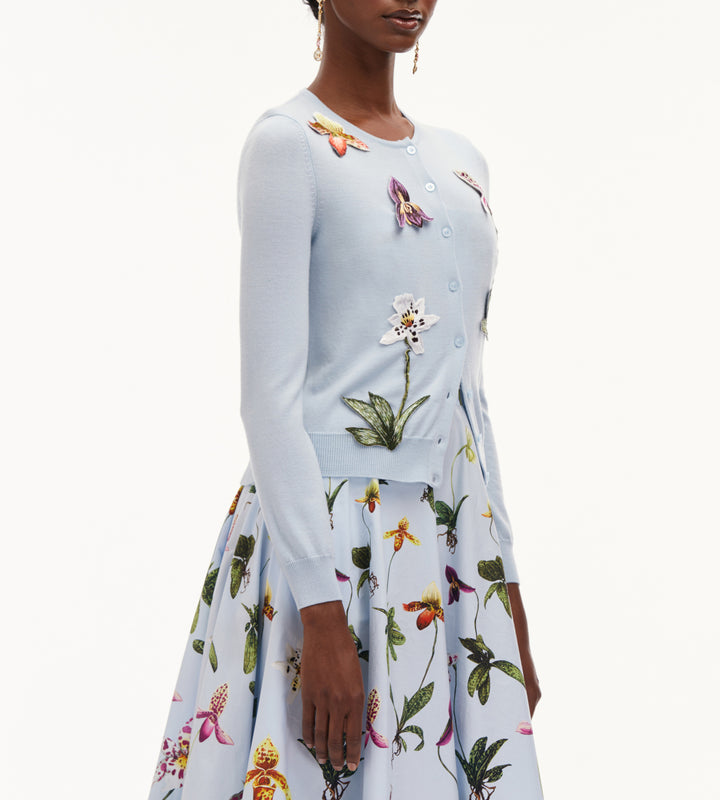 Long Sleeve Orchid Threadwork Embroided Cardigan - Light Blue