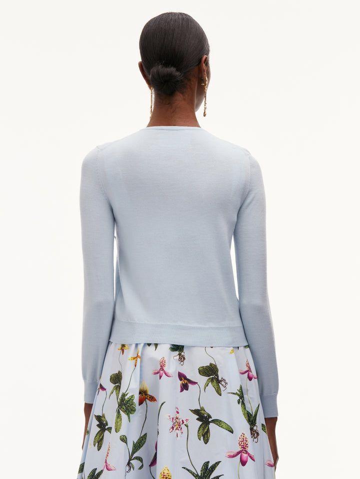 Long Sleeve Orchid Threadwork Embroided Cardigan - Light Blue
