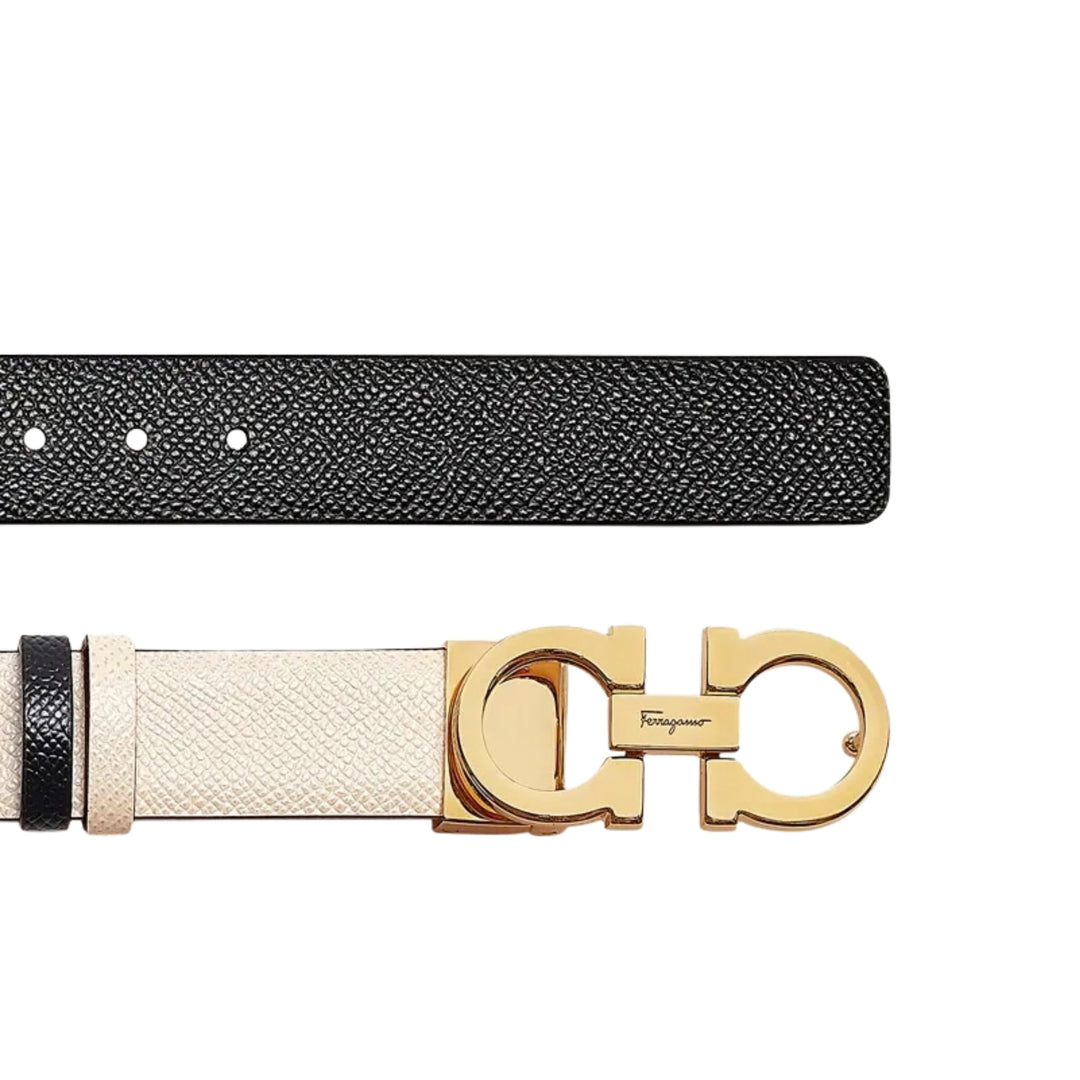 25mm Belt w. Reversible Gancini - Bone/Black (Gold Hardware)