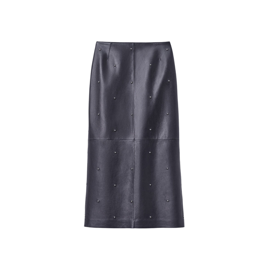 Hand-Studded Gunmetal Rivet Leather Column Skirt