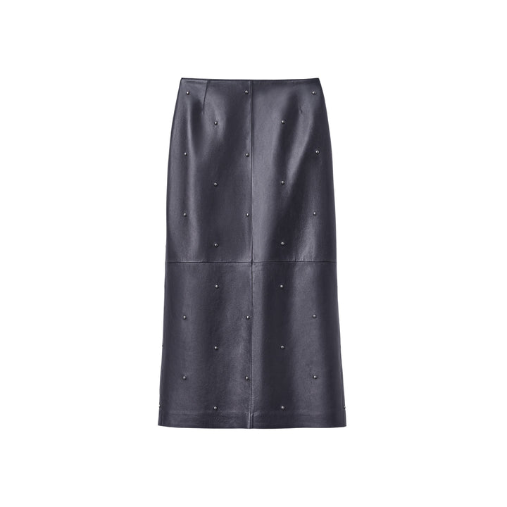 Hand-Studded Gunmetal Rivet Leather Column Skirt